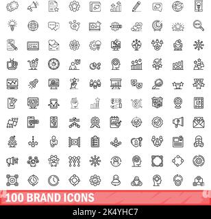 100 Markensymbole eingestellt. Skizzieren Sie die Darstellung von 100 Markensymbolen, die auf weißem Hintergrund isoliert sind Stock Vektor