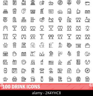 100 Symbole für Getränke eingestellt. Skizzieren Sie die Darstellung von 100 Symbolen für Getränke, die auf weißem Hintergrund isoliert sind Stock Vektor