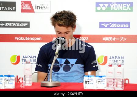 Ariake Colosseum, Tokio, Japan. 4. Oktober 2022. Casper Ruud (NOR), 4. OKTOBER 2022 - Tennis : Pressekonferenz während der Rakuten Japan Open Tennis Championships 2022 im Ariake Colosseum, Tokio, Japan. Quelle: SportsPressJP/AFLO/Alamy Live News Stockfoto