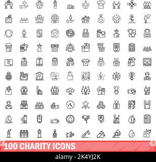 100 Charity-Symbole eingestellt. Skizzieren Sie die Darstellung von 100 karitativen Symbolen, die auf weißem Hintergrund isoliert sind Stock Vektor