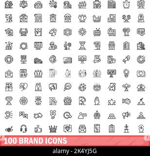 100 Markensymbole eingestellt. Skizzieren Sie die Darstellung von 100 Markensymbolen, die auf weißem Hintergrund isoliert sind Stock Vektor