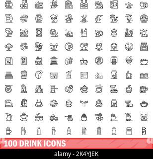 100 Symbole für Getränke eingestellt. Skizzieren Sie die Darstellung von 100 Symbolen für Getränke, die auf weißem Hintergrund isoliert sind Stock Vektor