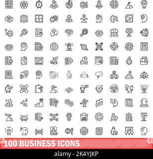 100 Business-Icons gesetzt. Skizzieren Sie die Darstellung von 100 Geschäftssymbolen, die auf weißem Hintergrund isoliert sind Stock Vektor
