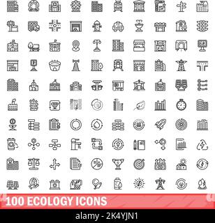 100 ökologische Symbole gesetzt. Skizzieren Illustration von 100 Ökologie Symbole Vektor-Set isoliert auf weißem Hintergrund Stock Vektor
