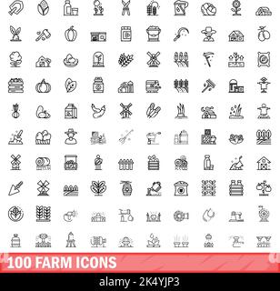 100 Farmsymbole eingestellt. Skizzieren Sie die Darstellung von 100 Farmsymbolen, die auf weißem Hintergrund isoliert sind Stock Vektor