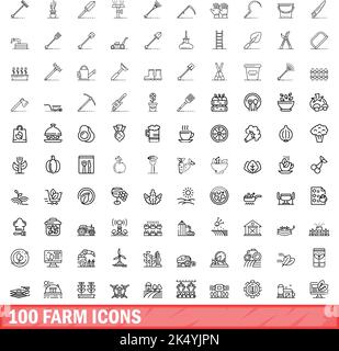 100 Farmsymbole eingestellt. Skizzieren Sie die Darstellung von 100 Farmsymbolen, die auf weißem Hintergrund isoliert sind Stock Vektor