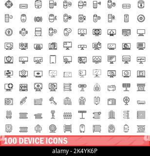 100 Gerätesymbole eingestellt. Skizzieren Sie die Darstellung von 100 Gerätesymbolen, die auf weißem Hintergrund isoliert sind Stock Vektor