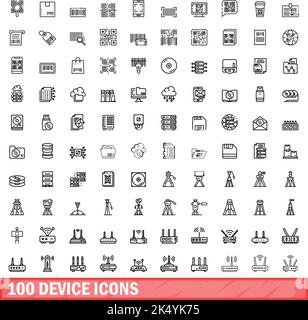 100 Gerätesymbole eingestellt. Skizzieren Sie die Darstellung von 100 Gerätesymbolen, die auf weißem Hintergrund isoliert sind Stock Vektor