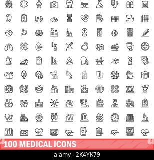 100 medizinische Symbole eingestellt. Skizzieren Sie die Darstellung von 100 medizinischen Symbolen, Vektorset isoliert auf weißem Hintergrund Stock Vektor