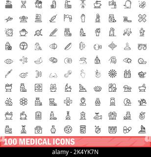 100 medizinische Symbole eingestellt. Skizzieren Sie die Darstellung von 100 medizinischen Symbolen, Vektorset isoliert auf weißem Hintergrund Stock Vektor
