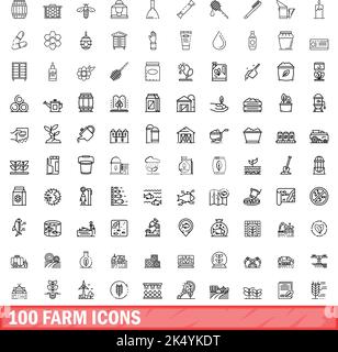 100 Farmsymbole eingestellt. Skizzieren Sie die Darstellung von 100 Farmsymbolen, die auf weißem Hintergrund isoliert sind Stock Vektor