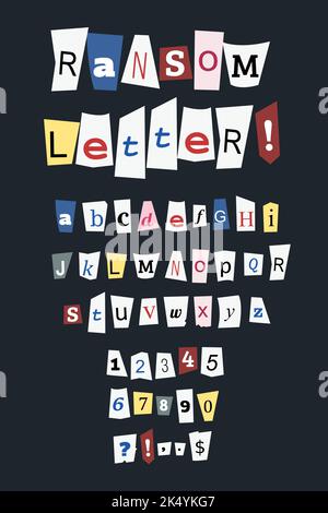 Erpressung Notiz Zeitung schneiden Buchstaben Vektor. Criminal Ransom bunte Buchstaben Schriftart. Stock Vektor