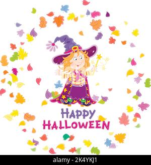 Happy Little Halloween Hexe zeigt Tricks mit ihrem Zauberstab und wirbelnde bunte Blätter, Vektor Cartoon Grußkarte Stock Vektor