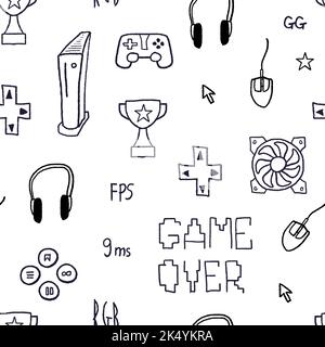Gaming-Thema nahtlose Doodle Hintergrund. Vektor-Videospiel-Muster. Nahtlose Gaming-Textur. Stock Vektor