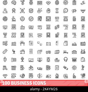 100 Business-Icons gesetzt. Skizzieren Sie die Darstellung von 100 Geschäftssymbolen, die auf weißem Hintergrund isoliert sind Stock Vektor