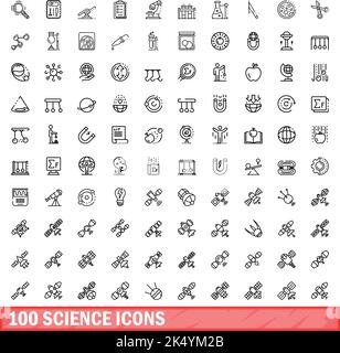 100 Wissenschaftssymbole eingestellt. Skizzieren Sie die Darstellung von 100 Wissenschaftssymbolen, die auf weißem Hintergrund isoliert sind Stock Vektor