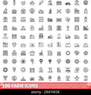 100 Farmsymbole eingestellt. Skizzieren Sie die Darstellung von 100 Farmsymbolen, die auf weißem Hintergrund isoliert sind Stock Vektor
