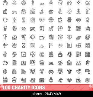 100 Charity-Symbole eingestellt. Skizzieren Sie die Darstellung von 100 karitativen Symbolen, die auf weißem Hintergrund isoliert sind Stock Vektor