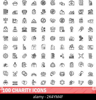 100 Charity-Symbole eingestellt. Skizzieren Sie die Darstellung von 100 karitativen Symbolen, die auf weißem Hintergrund isoliert sind Stock Vektor