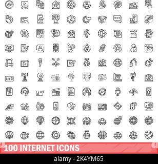 100 Internet-Symbole eingestellt. Skizzieren Sie die Darstellung von 100 Internet-Symbolen, die auf weißem Hintergrund isoliert sind Stock Vektor