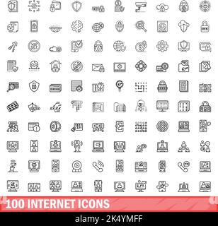 100 Internet-Symbole eingestellt. Skizzieren Sie die Darstellung von 100 Internet-Symbolen, die auf weißem Hintergrund isoliert sind Stock Vektor