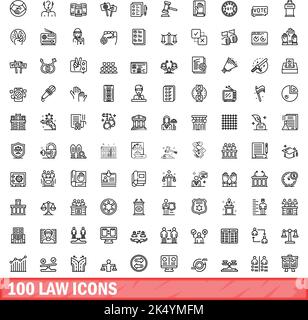 100 Symbole für Gesetze festgelegt. Skizzieren Sie die Darstellung von 100 Gesetzensymbolen, die auf weißem Hintergrund isoliert sind Stock Vektor
