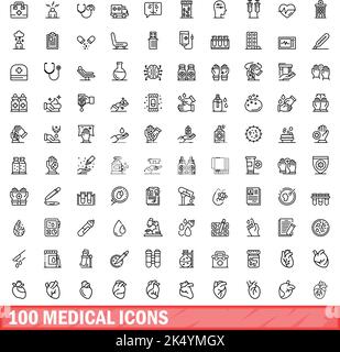 100 medizinische Symbole eingestellt. Skizzieren Sie die Darstellung von 100 medizinischen Symbolen, Vektorset isoliert auf weißem Hintergrund Stock Vektor