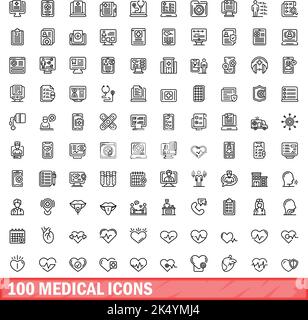 100 medizinische Symbole eingestellt. Skizzieren Sie die Darstellung von 100 medizinischen Symbolen, Vektorset isoliert auf weißem Hintergrund Stock Vektor