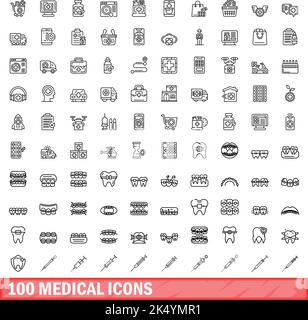 100 medizinische Symbole eingestellt. Skizzieren Sie die Darstellung von 100 medizinischen Symbolen, Vektorset isoliert auf weißem Hintergrund Stock Vektor