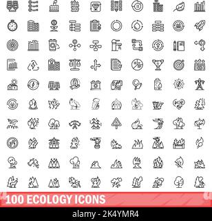 100 ökologische Symbole gesetzt. Skizzieren Illustration von 100 Ökologie Symbole Vektor-Set isoliert auf weißem Hintergrund Stock Vektor