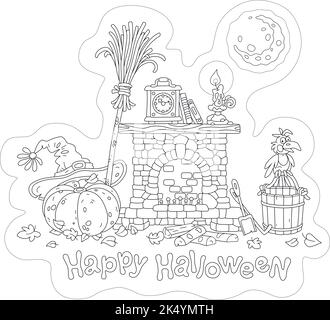 Kamin mit einer alten Uhr und einer brennenden Kerze auf einem Kaminsims, einem großen Kürbis, einem Hut, einem fliegenden Besen und anderen magischen Dingen einer Halloween Hexe Stock Vektor