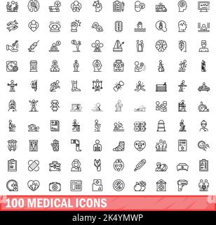 100 medizinische Symbole eingestellt. Skizzieren Sie die Darstellung von 100 medizinischen Symbolen, Vektorset isoliert auf weißem Hintergrund Stock Vektor