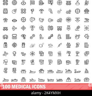 100 medizinische Symbole eingestellt. Skizzieren Sie die Darstellung von 100 medizinischen Symbolen, Vektorset isoliert auf weißem Hintergrund Stock Vektor