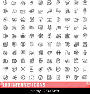 100 Internet-Symbole eingestellt. Skizzieren Sie die Darstellung von 100 Internet-Symbolen, die auf weißem Hintergrund isoliert sind Stock Vektor