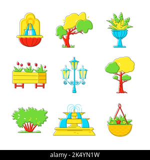 Gartendekorationen und Natur - Linie Design Stil Objekt gesetzt Stock Vektor