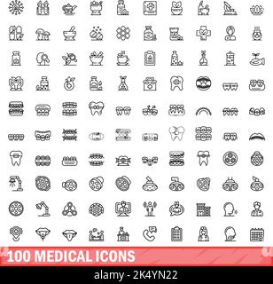 100 medizinische Symbole eingestellt. Skizzieren Sie die Darstellung von 100 medizinischen Symbolen, Vektorset isoliert auf weißem Hintergrund Stock Vektor