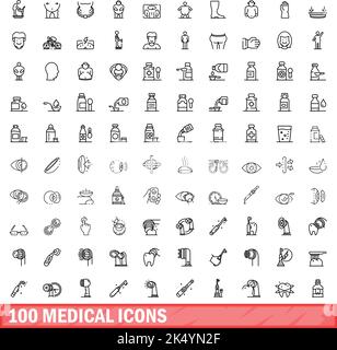 100 medizinische Symbole eingestellt. Skizzieren Sie die Darstellung von 100 medizinischen Symbolen, Vektorset isoliert auf weißem Hintergrund Stock Vektor