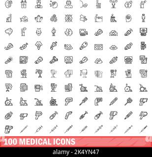100 medizinische Symbole eingestellt. Skizzieren Sie die Darstellung von 100 medizinischen Symbolen, Vektorset isoliert auf weißem Hintergrund Stock Vektor