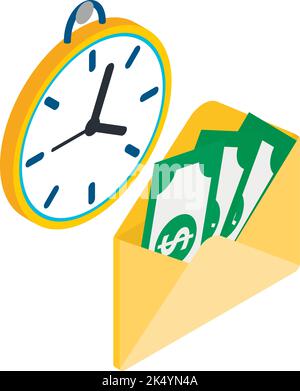 Isometrischer Vektor des Symbols für die Finanzplanung. Wanduhr und Dollarschein im Umschlag. Geld, Finanzen, Geschäft, Zeit Stock Vektor