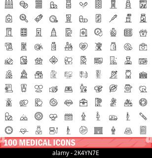 100 medizinische Symbole eingestellt. Skizzieren Sie die Darstellung von 100 medizinischen Symbolen, Vektorset isoliert auf weißem Hintergrund Stock Vektor
