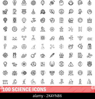 100 Wissenschaftssymbole eingestellt. Skizzieren Sie die Darstellung von 100 Wissenschaftssymbolen, die auf weißem Hintergrund isoliert sind Stock Vektor