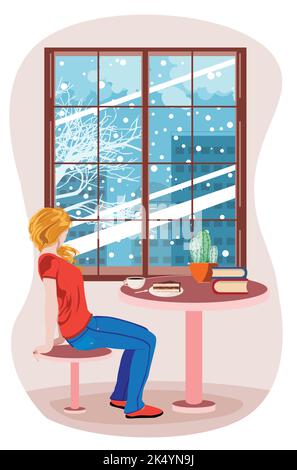 Blonde Mädchen sitzen auf dem Stuhl und Blick auf den blattlosen Baum und Gebäude hinter dem Fenster, verschneite Winter Tag Illustration. Stock Vektor