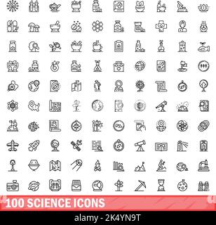 100 Wissenschaftssymbole eingestellt. Skizzieren Sie die Darstellung von 100 Wissenschaftssymbolen, die auf weißem Hintergrund isoliert sind Stock Vektor