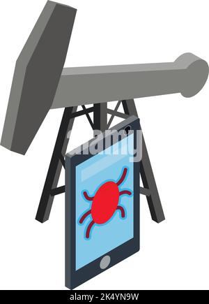 Isometrischer Vektor für das Symbol „Ölgeschäft“. Smartphone mit Bug und Ölpumpe Ölrig-Symbol. Erdölindustrie, Produktion von Energieressourcen, digitale Sicherheit Stock Vektor