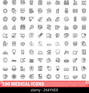 100 medizinische Symbole eingestellt. Skizzieren Sie die Darstellung von 100 medizinischen Symbolen, Vektorset isoliert auf weißem Hintergrund Stock Vektor