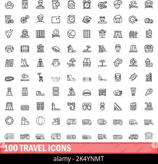 100 Reisesymbole eingestellt. Skizzieren Sie die Darstellung von 100 Vektor-Symbolen für Reisen, die isoliert auf weißem Hintergrund eingestellt sind Stock Vektor