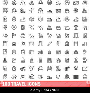 100 Reisesymbole eingestellt. Skizzieren Sie die Darstellung von 100 Vektor-Symbolen für Reisen, die isoliert auf weißem Hintergrund eingestellt sind Stock Vektor