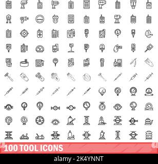 100 Werkzeugsymbole eingestellt. Skizzieren Sie die Darstellung von 100 Werkzeugsymbolen, die auf weißem Hintergrund isoliert sind Stock Vektor