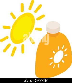 Isometrischer Vektor des Sonnenschutz-Symbols. Helle Sommersonne und Schutzcreme. Sommerurlaub, uv-Schutz, Sonnencreme Stock Vektor