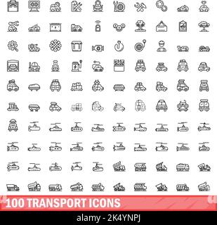 100 Transportsymbole eingestellt. Skizzieren Sie die Darstellung von 100 Transportsymbolen, die auf weißem Hintergrund isoliert sind Stock Vektor